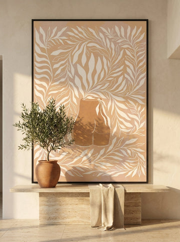 Oversized statement modern wall art print styled on the wall in a Mediterranean living room