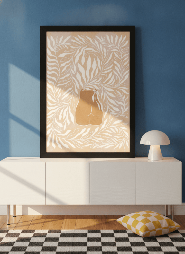 Modern wall art print standing on a sideboard in a colourful eclectic home office