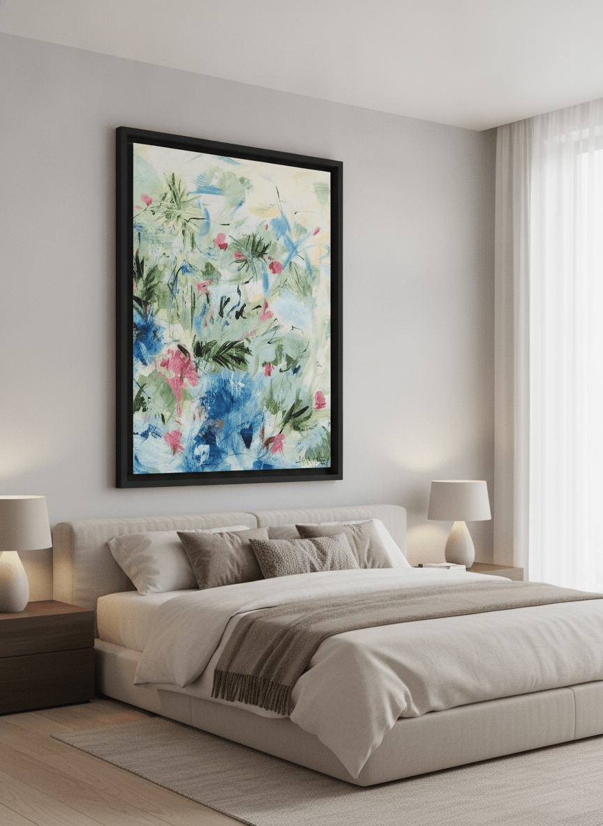 Minimalist artwork displayed in a calm, light-filled bedroom interior