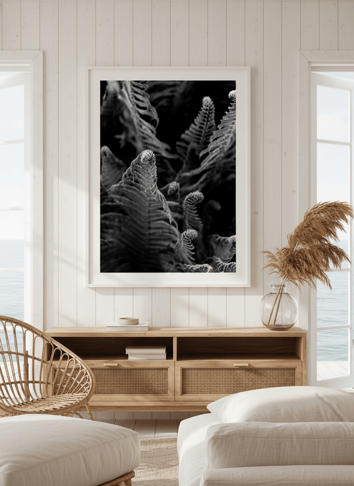 Neutral wall art displayed in a sunny coastal beach house