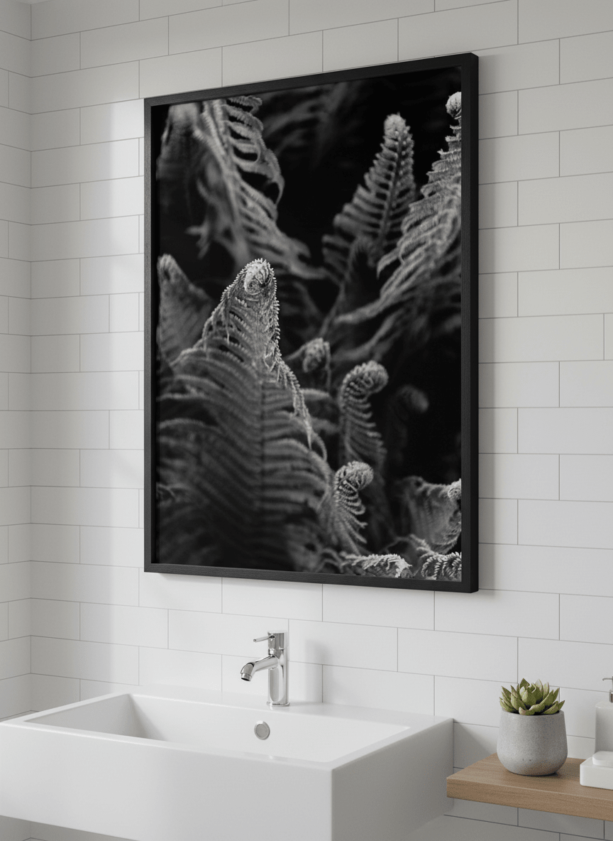 Modern print displayed in a clean minimalist bathroom setting