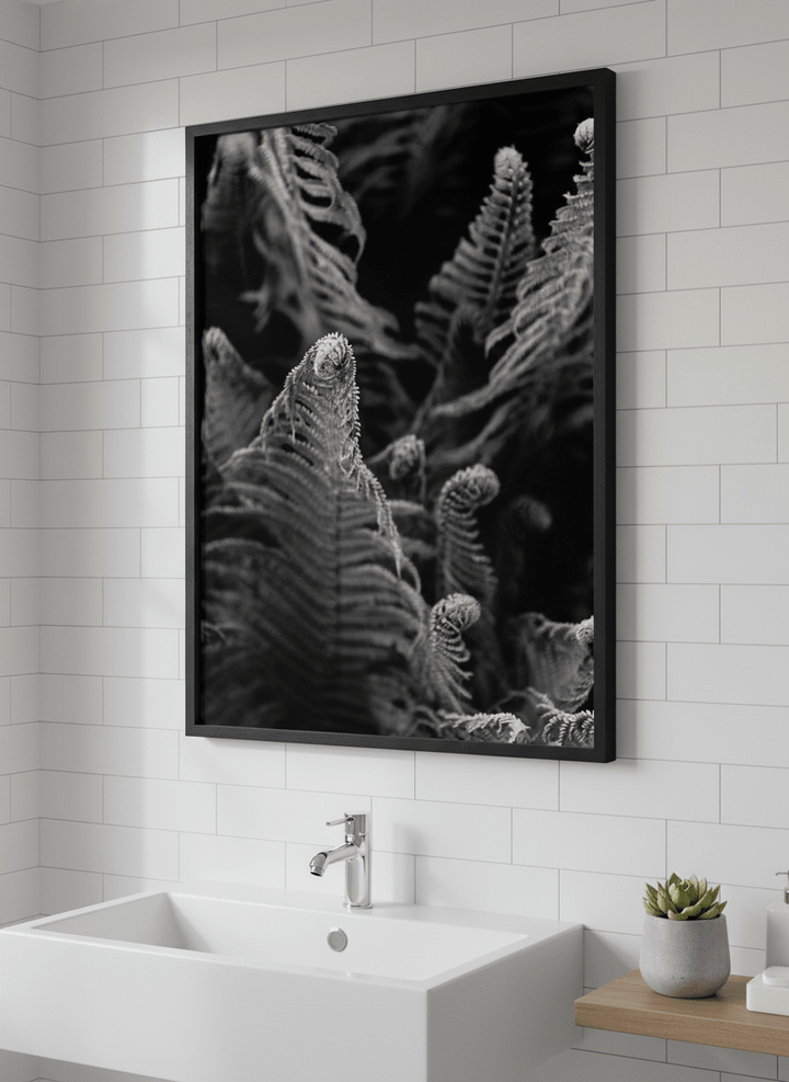 Modern print displayed in a clean minimalist bathroom setting
