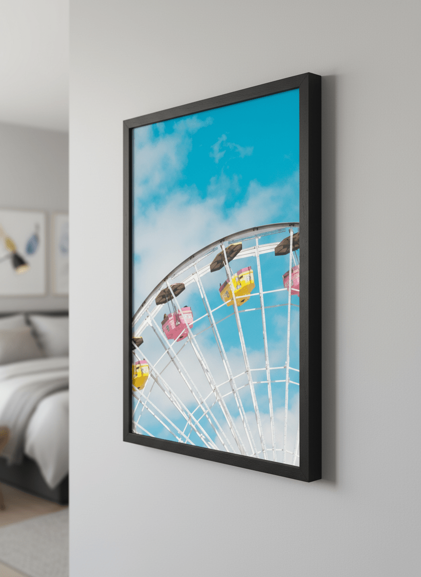 Minimalist artwork displayed in a calm, light-filled bedroom interior