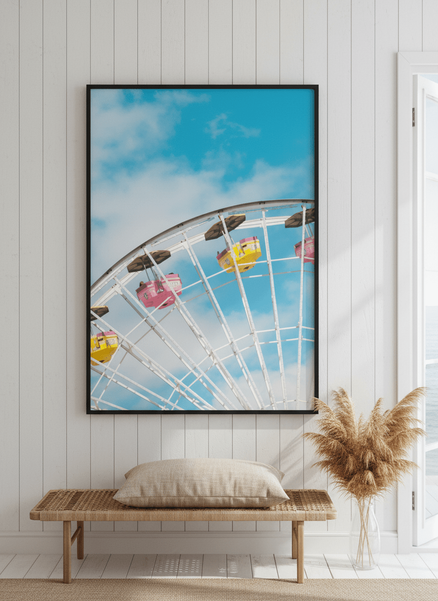 Neutral wall art displayed in a sunny coastal beach house
