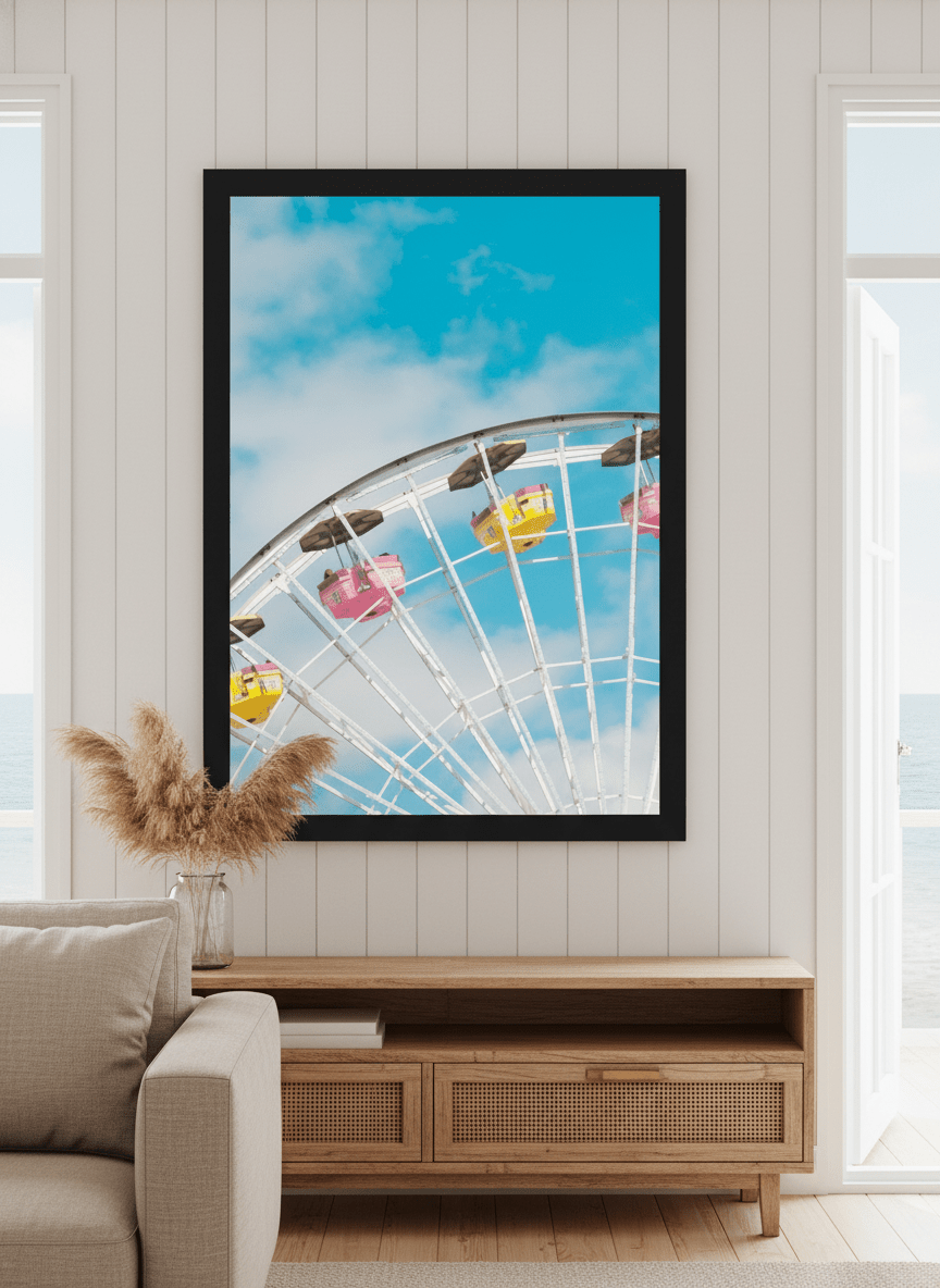 Neutral wall art displayed in a sunny coastal beach house