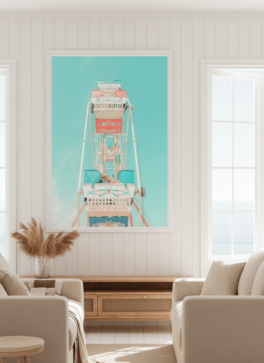 Neutral wall art displayed in a sunny coastal beach house