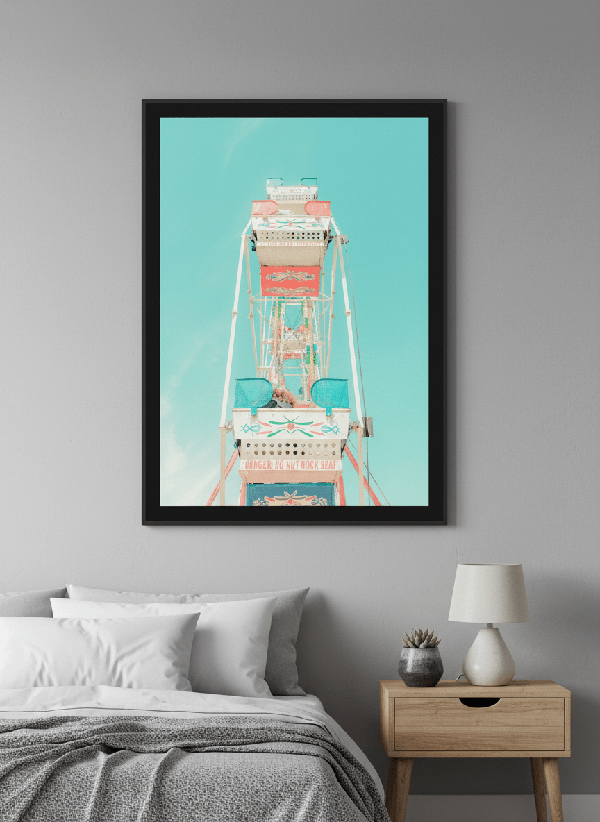Minimalist artwork displayed in a calm, light-filled bedroom interior