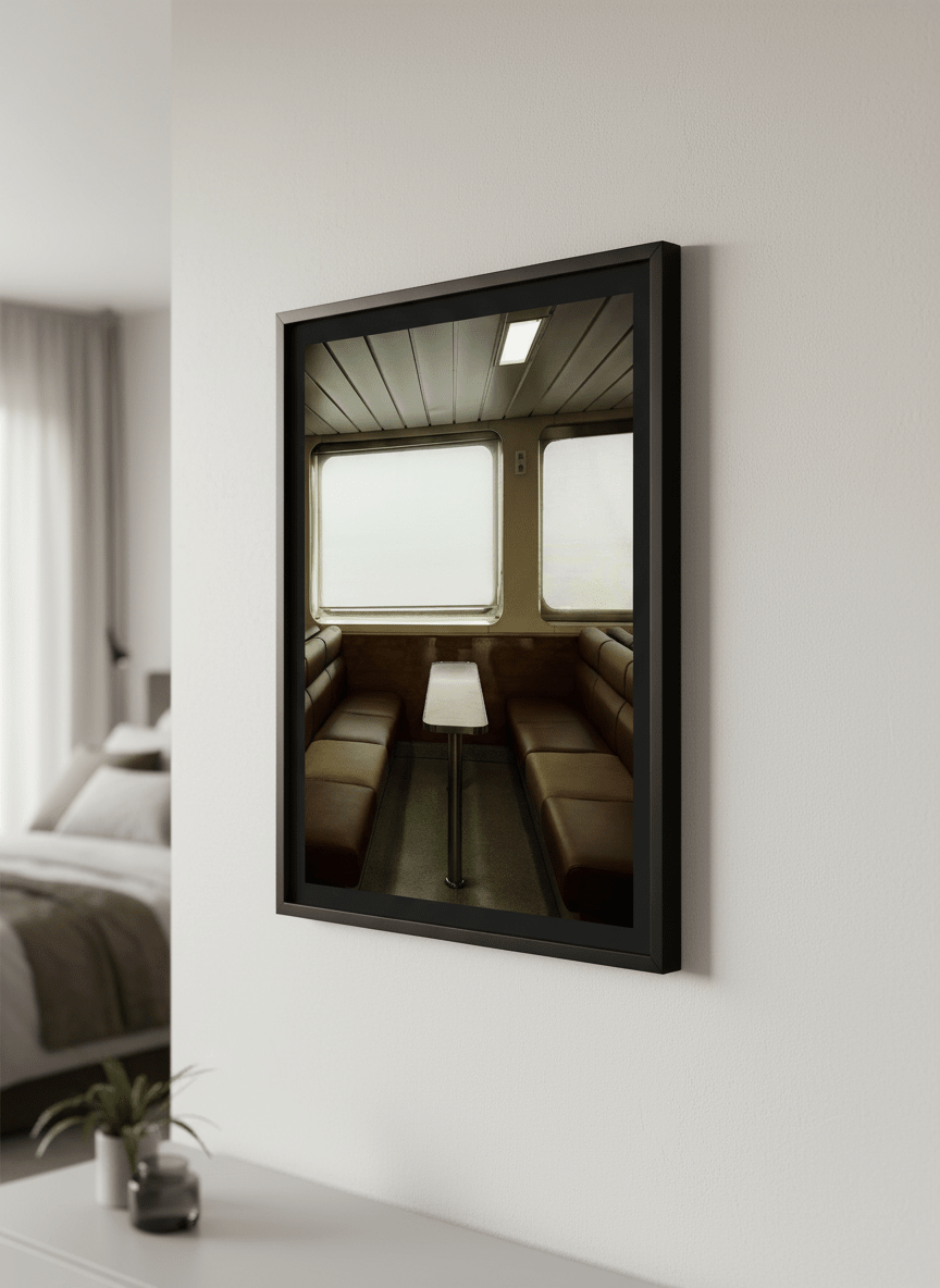 Minimalist artwork displayed in a calm, light-filled bedroom interior
