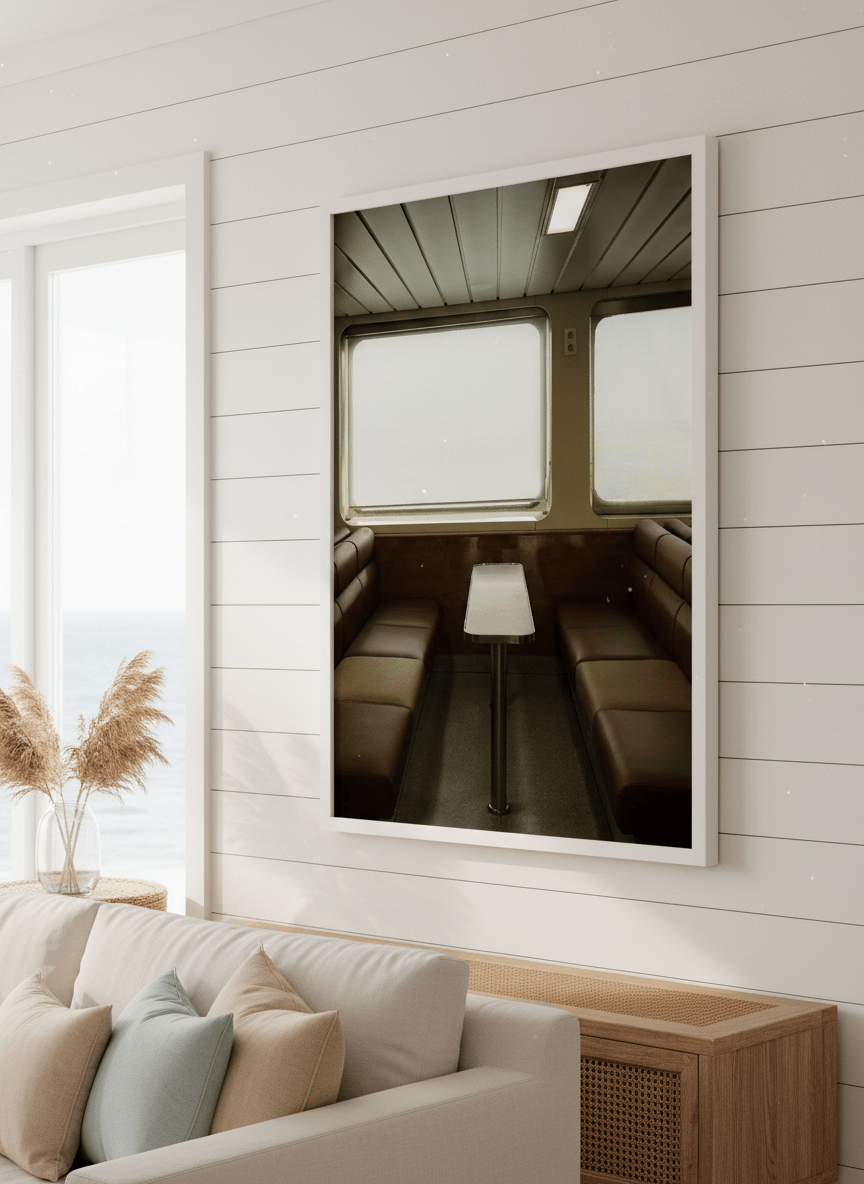 Neutral wall art displayed in a sunny coastal beach house
