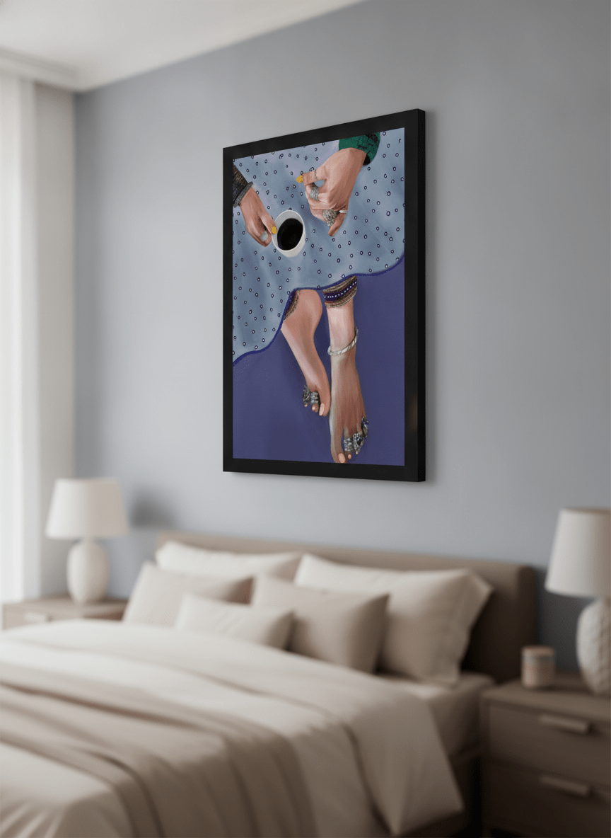 Minimalist artwork displayed in a calm, light-filled bedroom interior