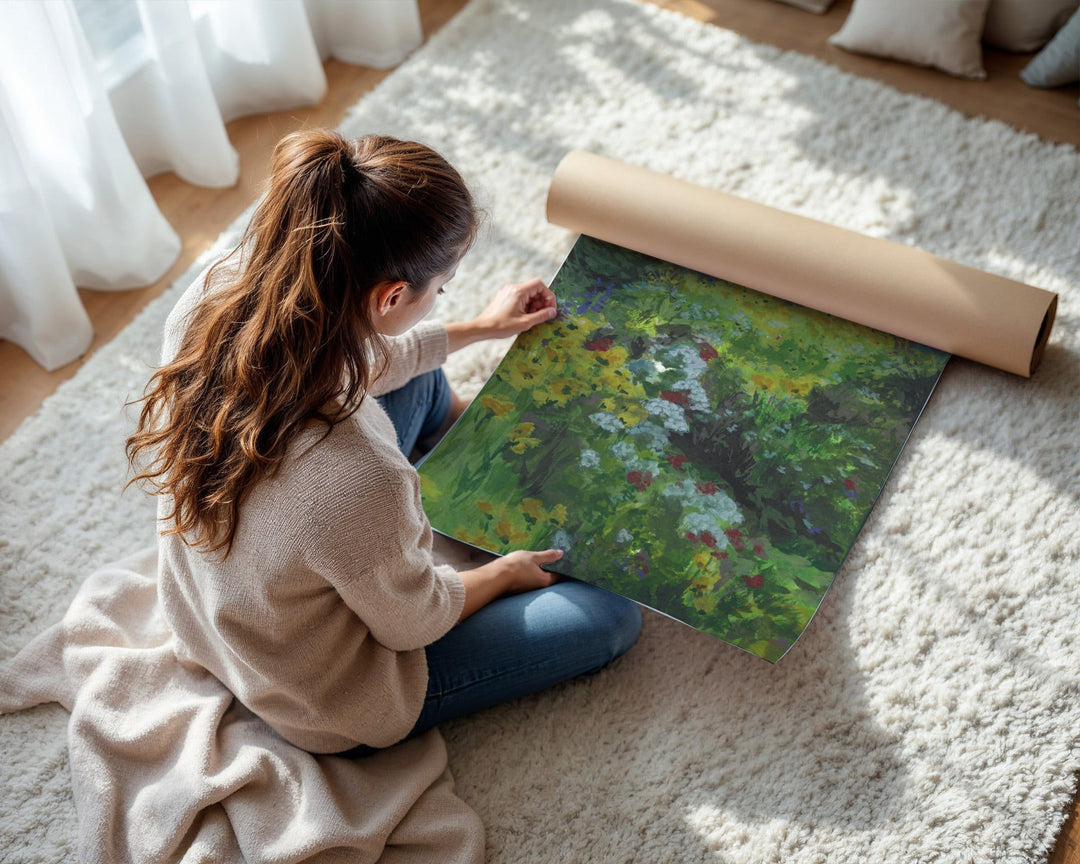 Woman unrolling a large painting on a carpeted floor