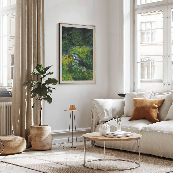 Modern living room with a sofa, coffee table, and decorative elements.