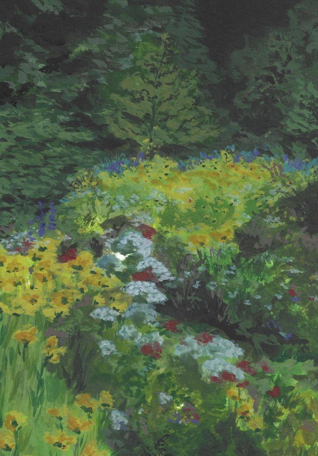 Colorful garden scene with flowers and trees framed