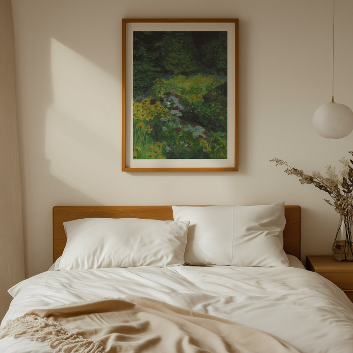 Bedroom with a bed, headboard, and artwork on the wall.