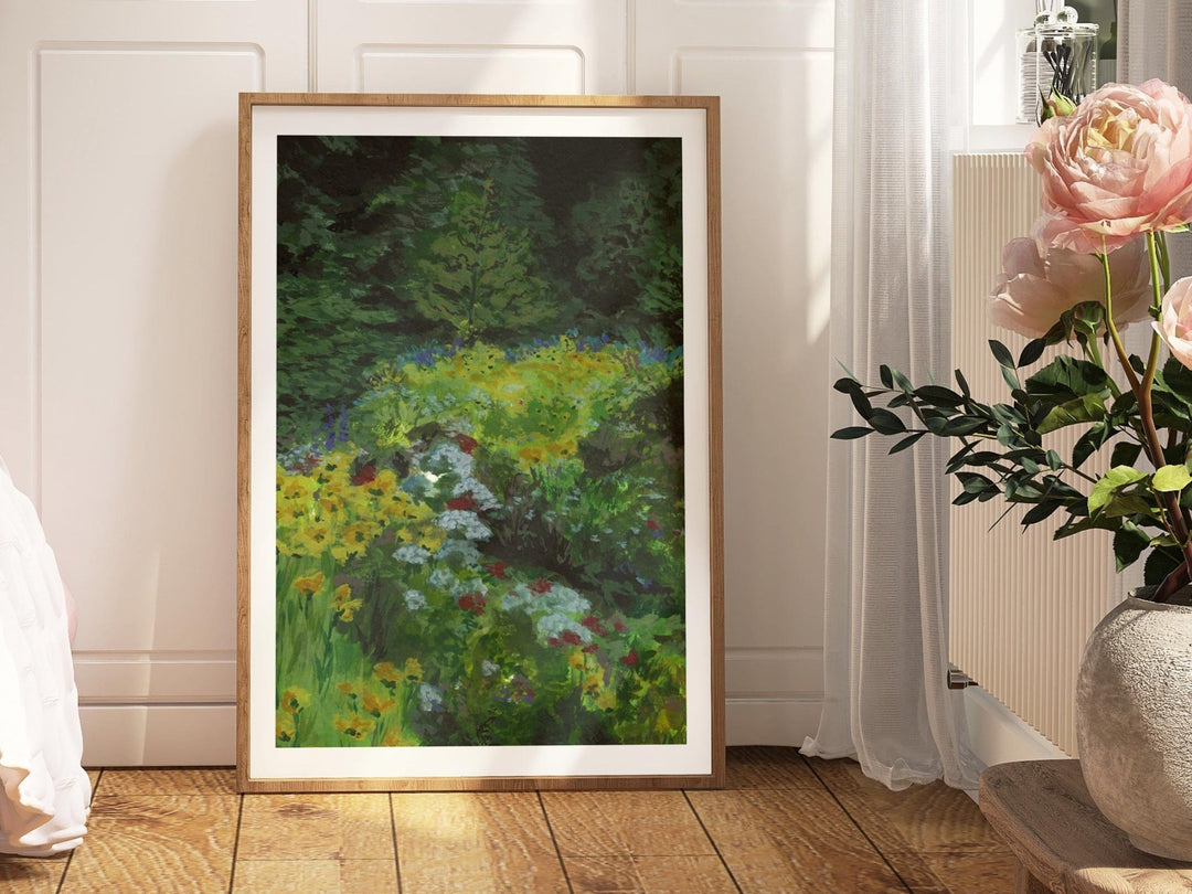 Artwork of a garden scene on a wall with a vase of flowers in the foreground.