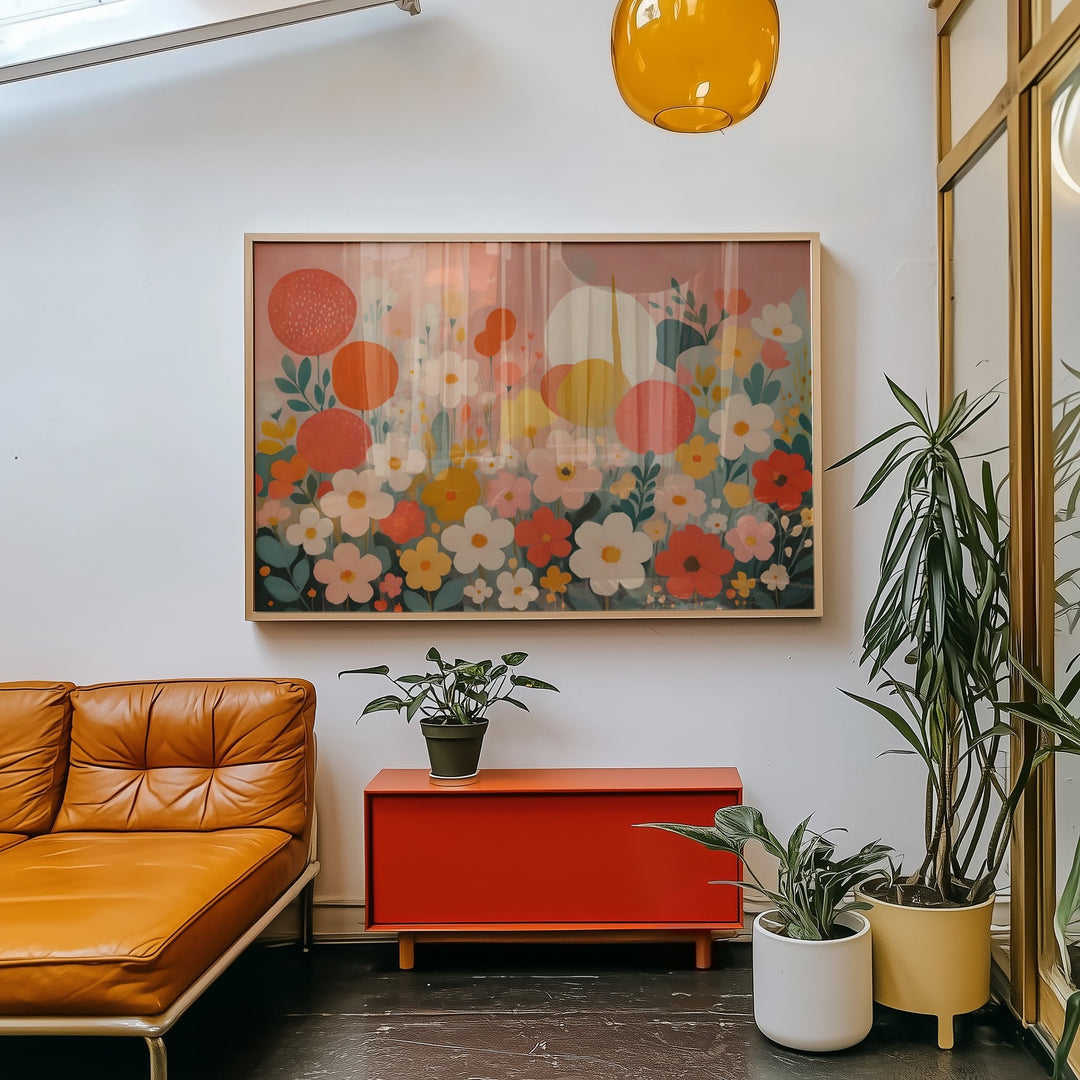 Fields of Joy Floral Landscape Wall Art,livingroom,timber border