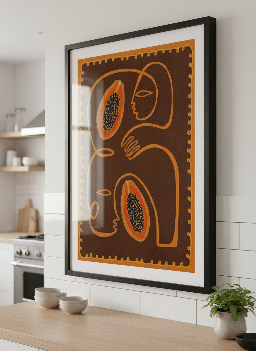 Artwork styled on the wall of a bright modern kitchen