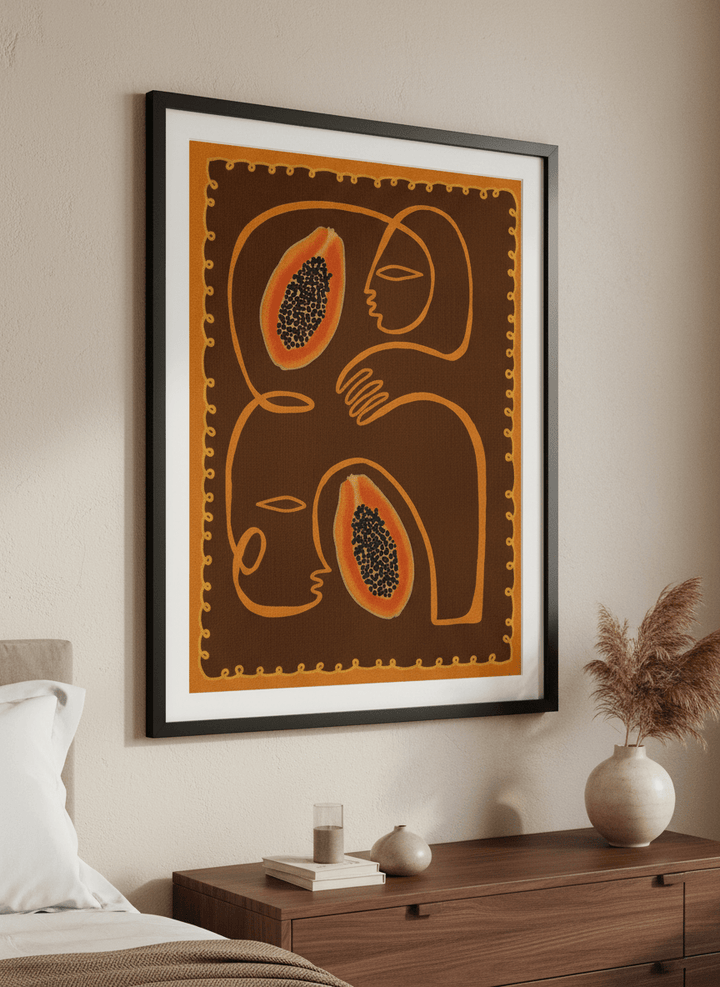 Minimalist artwork displayed in a calm, light-filled bedroom interior