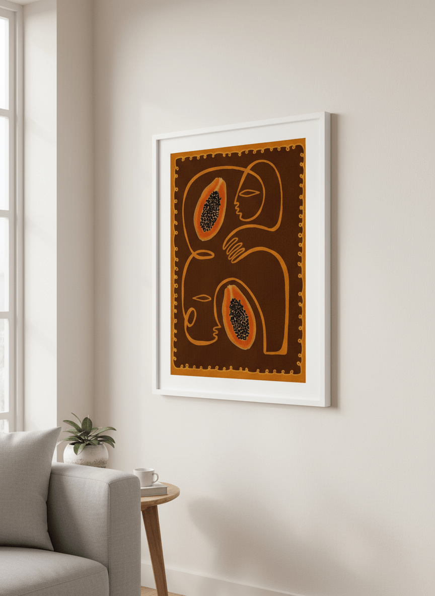Modern wall art styled above a sofa in a neutral living room