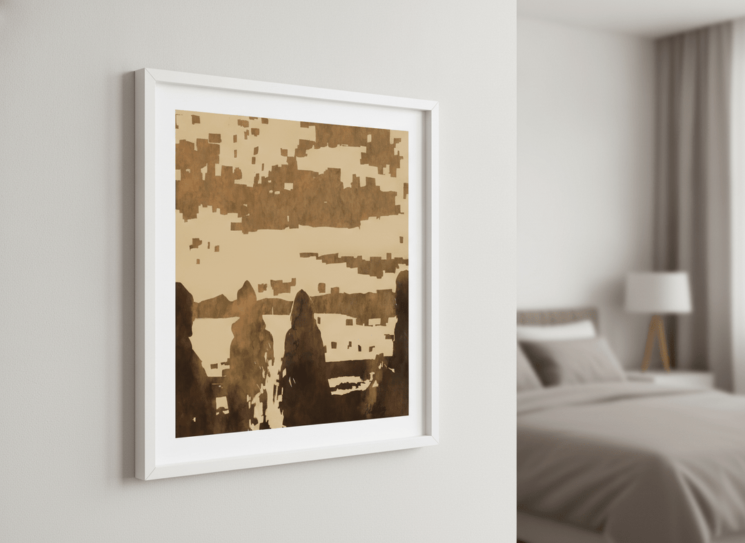 Minimalist artwork displayed in a calm, light-filled bedroom interior