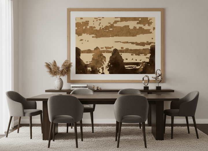 Monumental artwork centred on a feature wall in a luxe interior