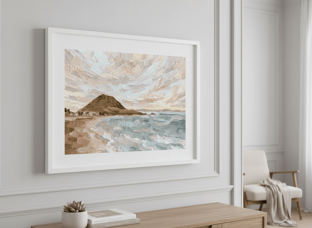 Minimalist artwork displayed in a calm, light-filled bedroom interior