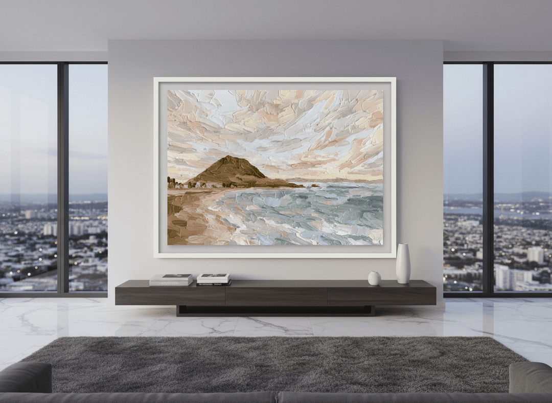 Monumental artwork centred on a feature wall in a luxe interior