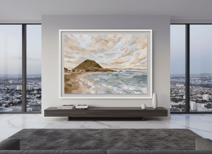 Monumental artwork centred on a feature wall in a luxe interior