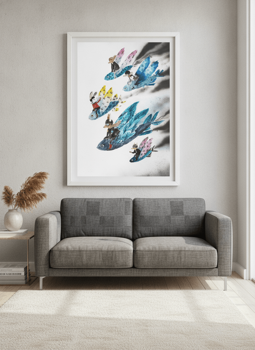 Modern wall art styled above a sofa in a neutral living room