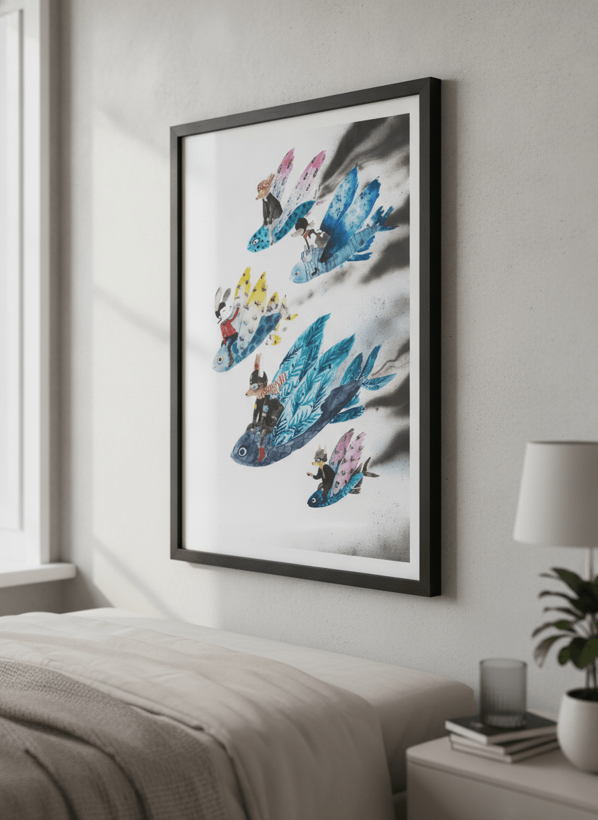 Minimalist artwork displayed in a calm, light-filled bedroom interior