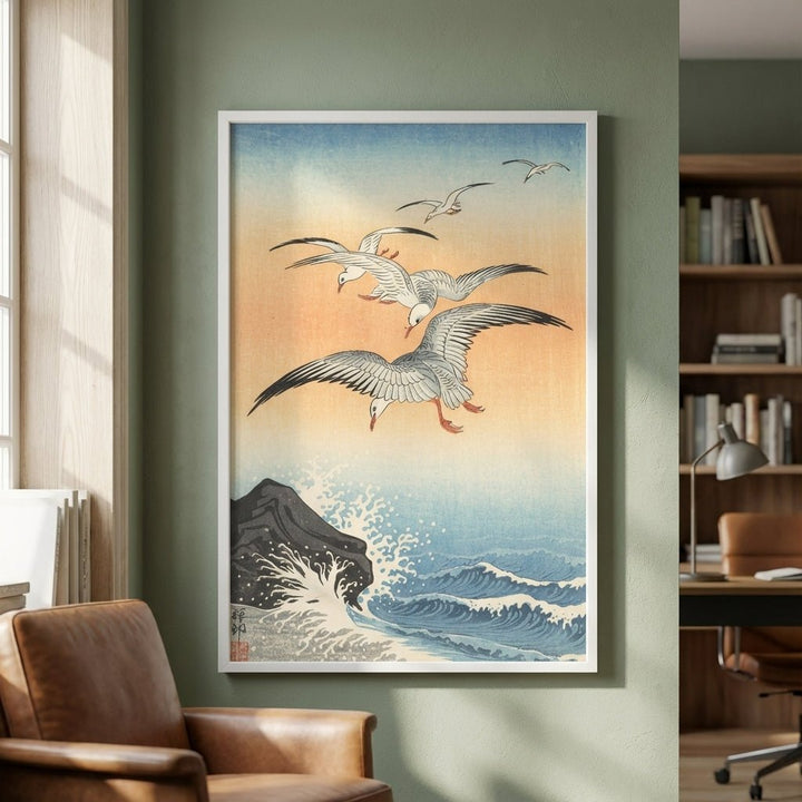 Five Seagulls Above Raging Seas by Ohara Koson wall - art - picture - poster
