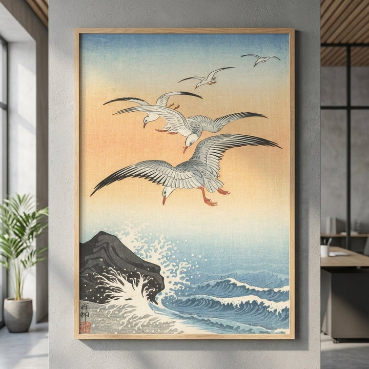 Five Seagulls Above Raging Seas by Ohara Koson wall - art - picture - poster