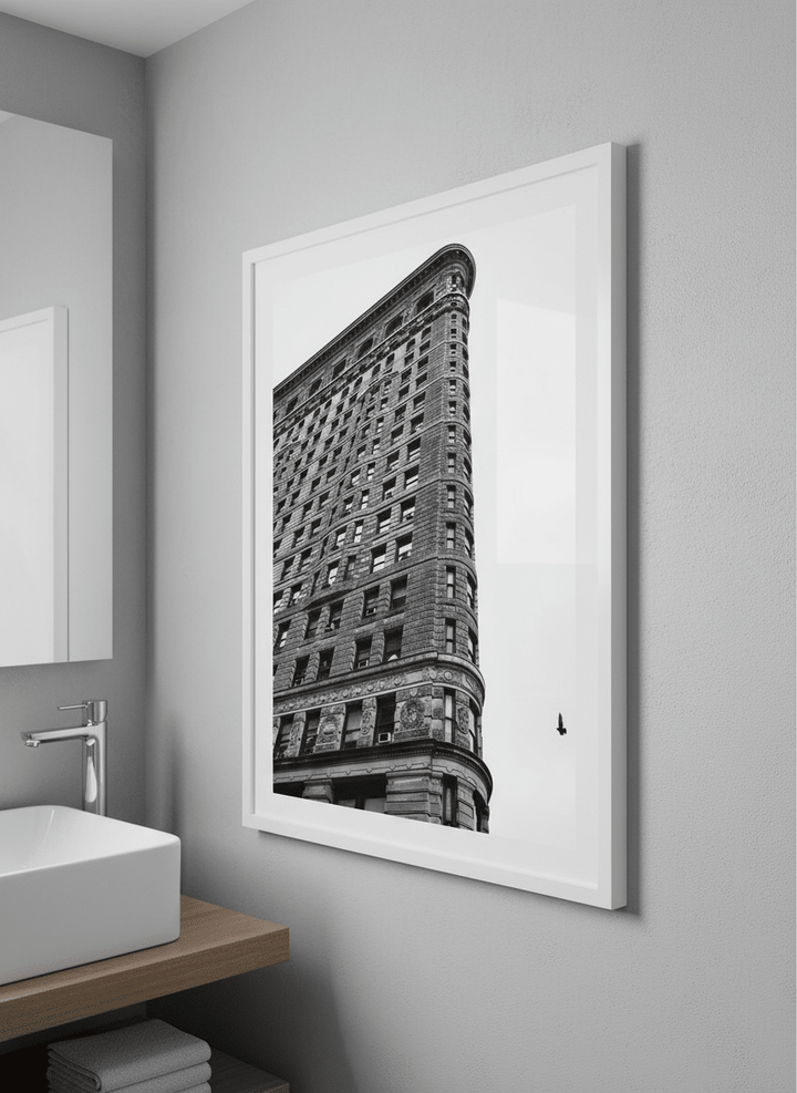 Modern print displayed in a clean minimalist bathroom setting