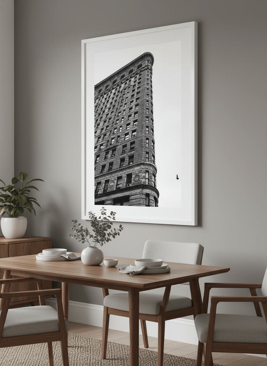 Wall art styled above a dining table in a contemporary home