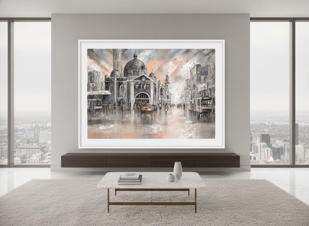 Monumental artwork centred on a feature wall in a luxe interior