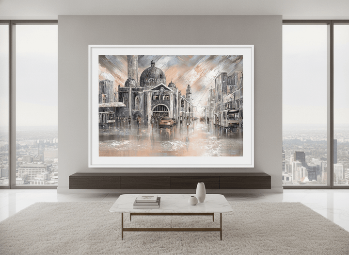 Monumental artwork centred on a feature wall in a luxe interior