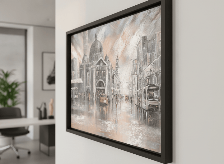 Contemporary wall art featured in a bright modern office workspace