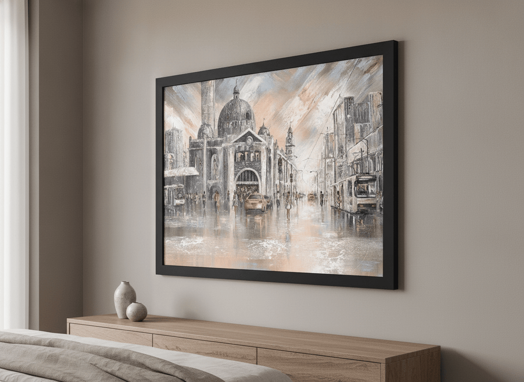 Minimalist artwork displayed in a calm, light-filled bedroom interior
