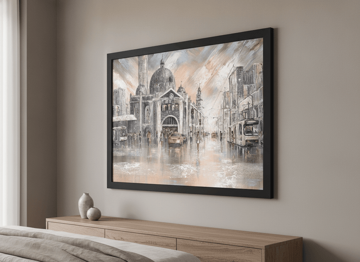 Minimalist artwork displayed in a calm, light-filled bedroom interior