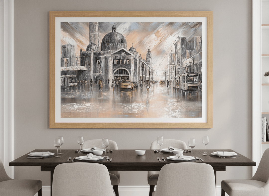 Wall art styled above a dining table in a contemporary home