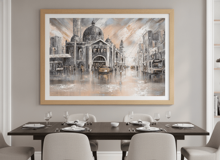 Wall art styled above a dining table in a contemporary home