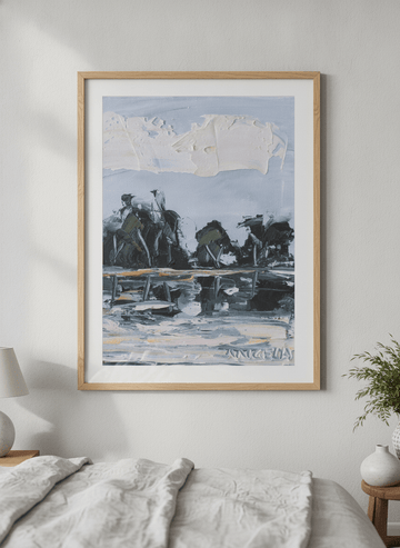 Minimalist artwork displayed in a calm, light-filled bedroom interior