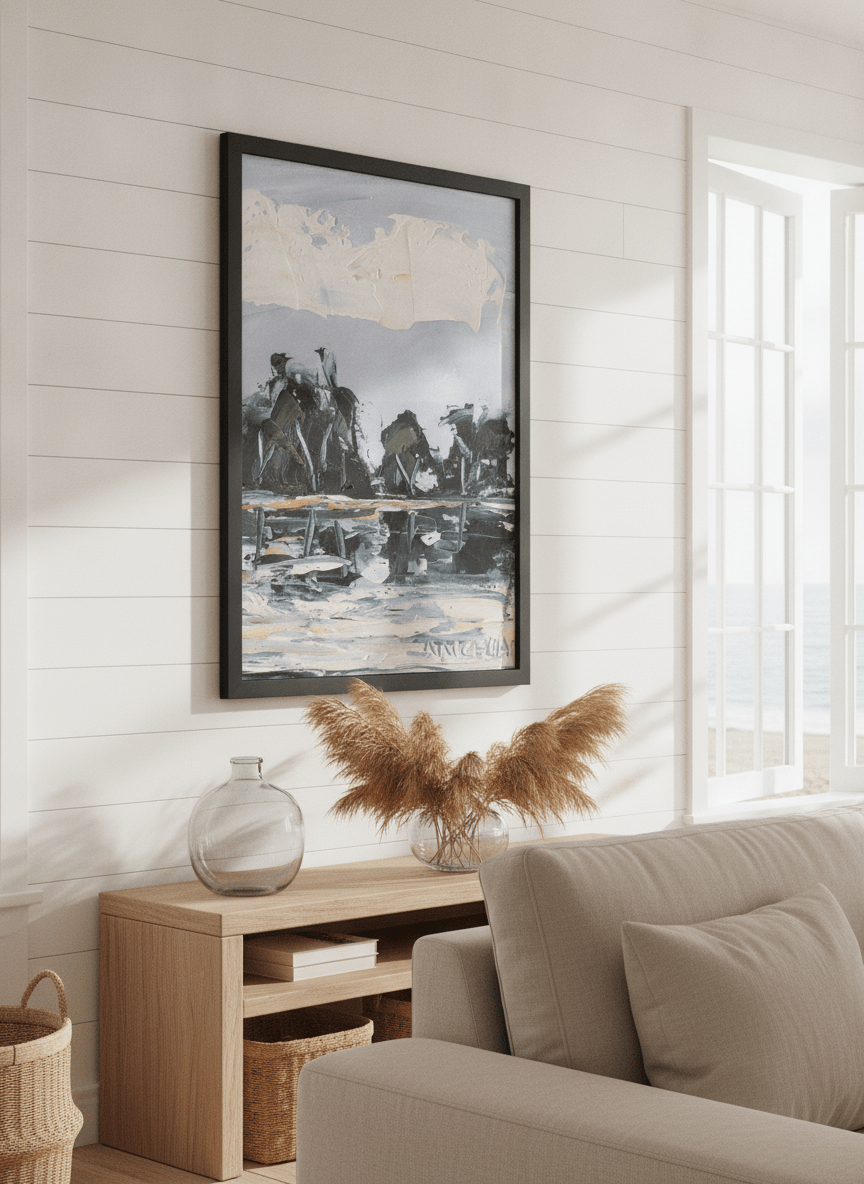 Neutral wall art displayed in a sunny coastal beach house