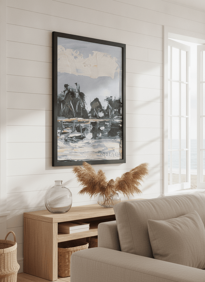 Neutral wall art displayed in a sunny coastal beach house