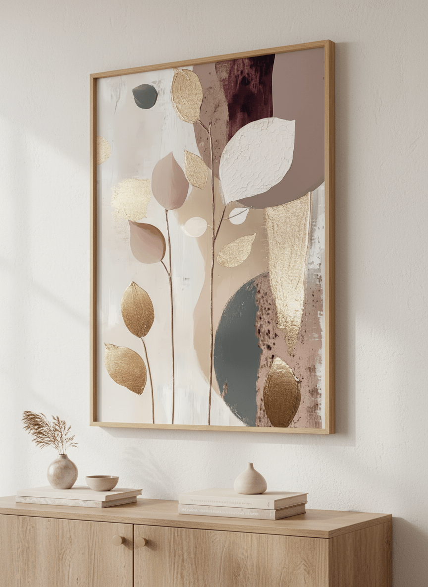 Wall art styled above a dining table in a contemporary home