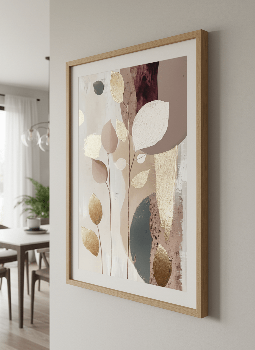 Wall art styled above a dining table in a contemporary home