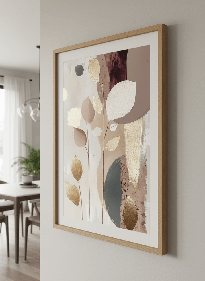 Wall art styled above a dining table in a contemporary home