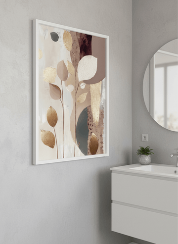 Modern print displayed in a clean minimalist bathroom setting
