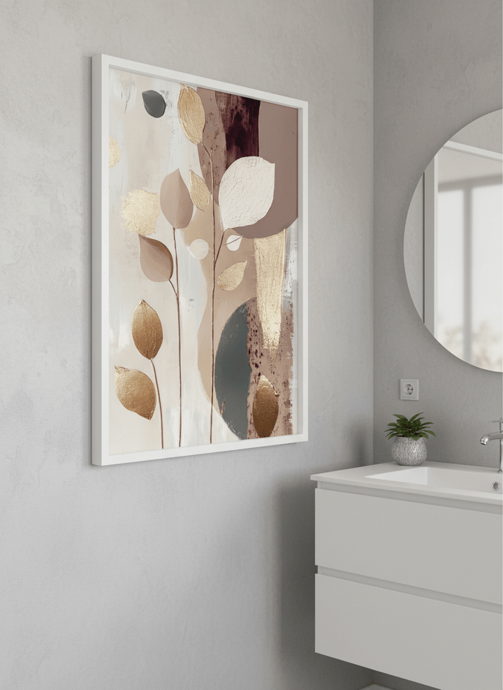 Modern print displayed in a clean minimalist bathroom setting