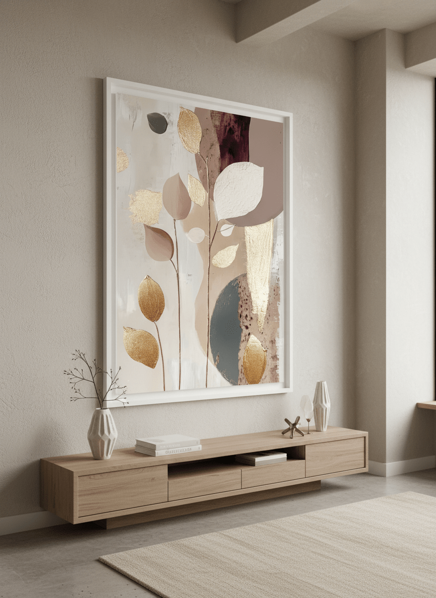 Monumental artwork centred on a feature wall in a luxe interior